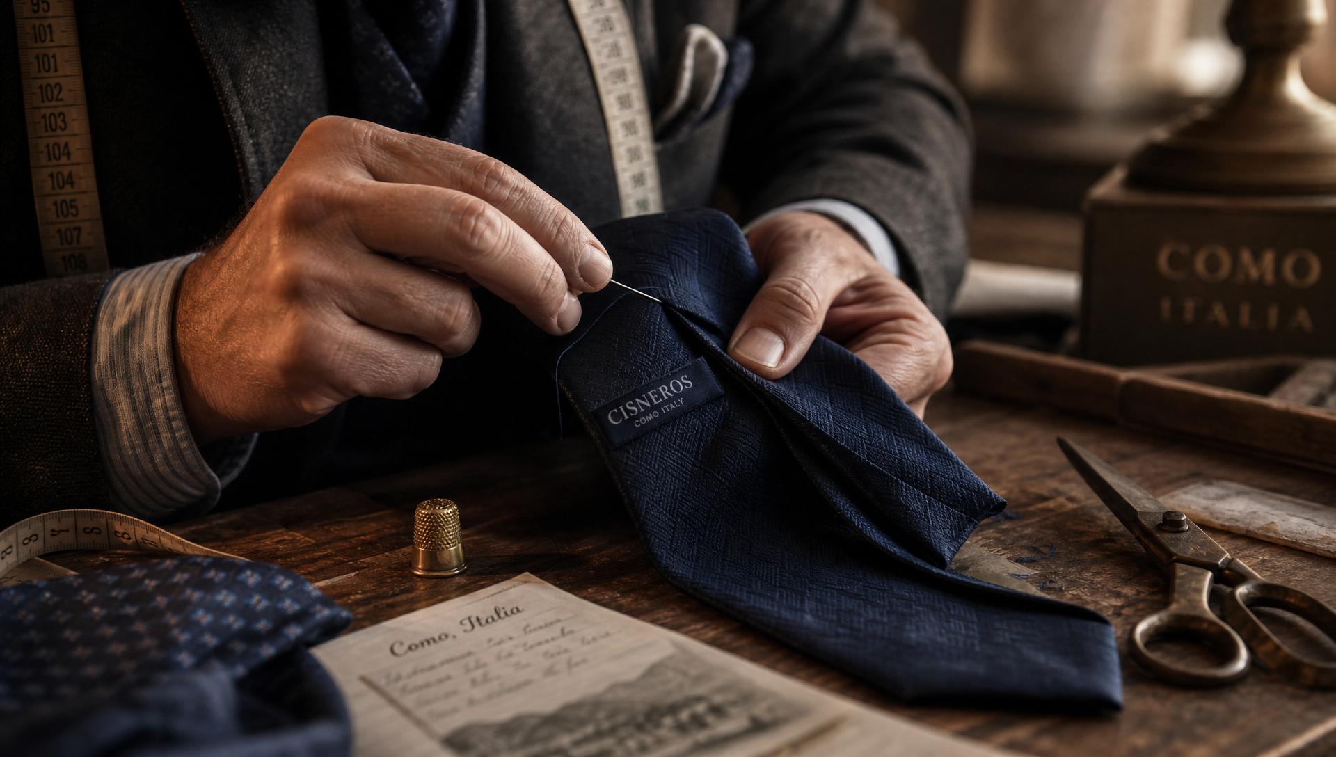 A master tailor hand-stitching a Cisneros silk necktie in the Como atelier